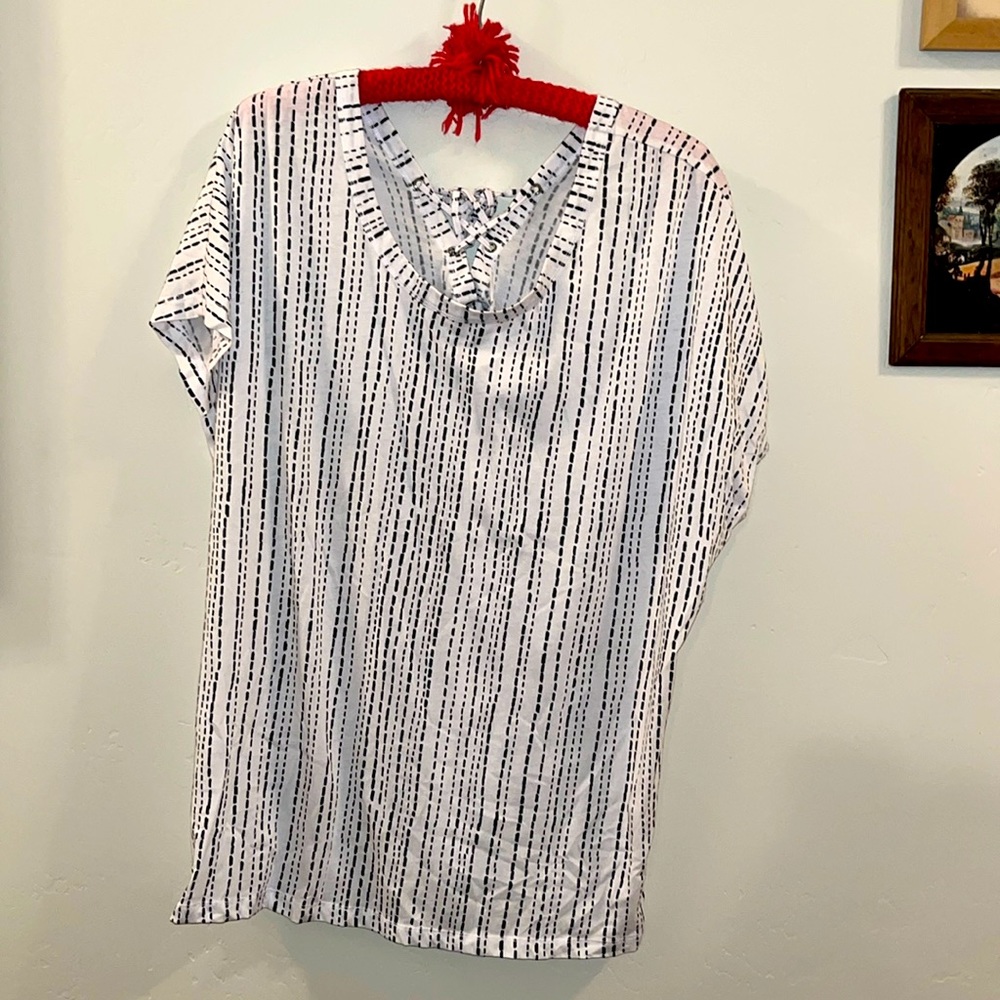 Women’s Short Sleeve Blouse, Vertical Strips, Black and White, Laces up in back